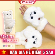 Cat Face Fur Gloves 2 Ways to Wear Open Fingers and Covered Fingers P2616