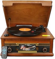 LP portable vinyl turntable vintage electric vinyl record player CD player radio bluetooth record player 3 speed with built-in speaker brown