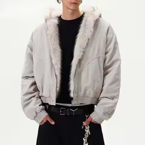 American Style Men's Padded Jackets Hooded Solid Color Faux Fur Vintage Casual Tops Deconstruction F