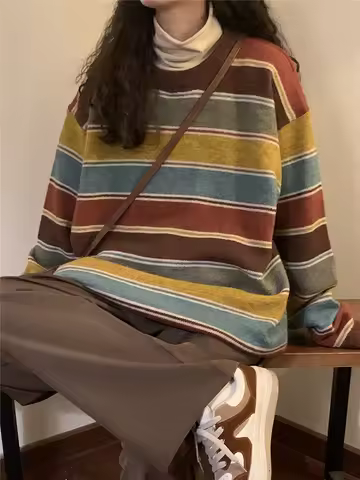 Jmprs Japan Retro Bf Striped Sweater Harajuke Streetwear Oversize Knitted Pullover Fall Winter Casua