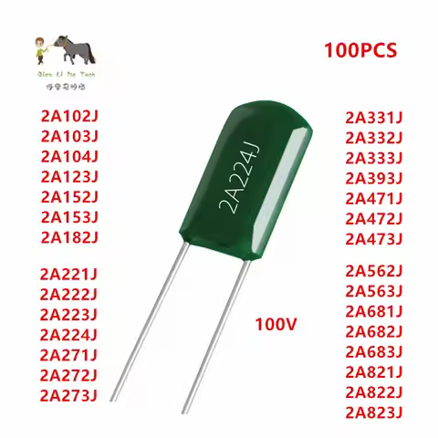 100pcs Polyester Capacitor 100V 2A221J 2A331J 2A471J 2A102J 2A182J 2A222J 2A332J 2A472J 2A103J 2A822