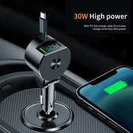 PD 30W Car Phone Charger 3 In 1 Retractable Type C Cable Fast Charging Auto  Lighter Adapter For IPh