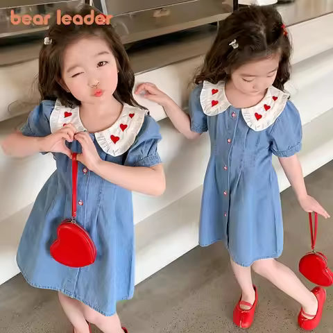 Bear Leader Korean Version Cute Love Embroidery Denim Clothes Summer Short Sleeved Girls Clothes 2-7