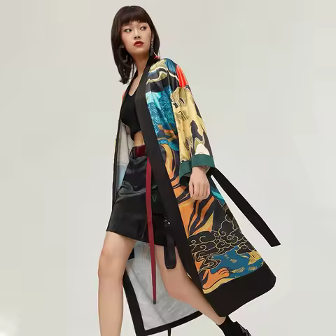 European and American Fashion Loose Retro Tiger Print Mid-Length Kimono Cardigan Haori Jacket Summer