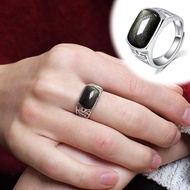 T Tangjing Gold Obsidian Meaning Lucky Men's Ring S925 Sterling Silver Inlaid Men's Ring Open Ring W