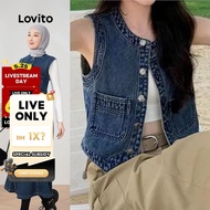 (LIVE STREAM SALE) Lovito Casual Plain Button Front Pocket Metal Denim Top for Women LNM66069
