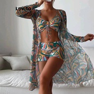 Lovito Sexy Bikini Sets Tropical Pattern Lace Up Ruched Bikini Sets for Women LNL75510