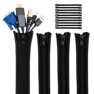 屯團百貨 - 黑色 - 耐用彈性電線保護套 多功能固定拉鏈電線保護套管 電線整理 附額外10條電線束線帶 (4件裝)