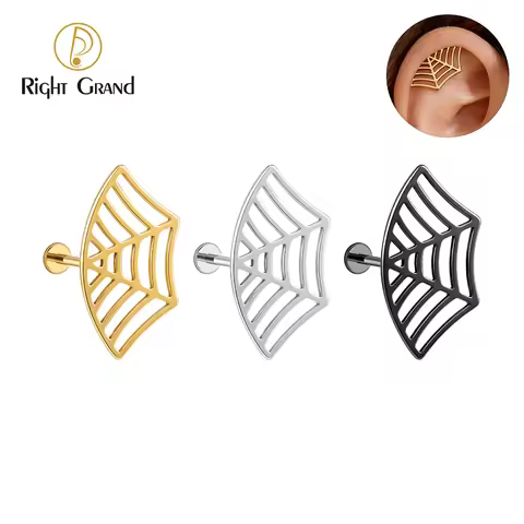 Right Grand ASTM F136 Titanium Spider Web Hidden Helix Earring 16G Punk Cartilage Stud Goth Hallowee