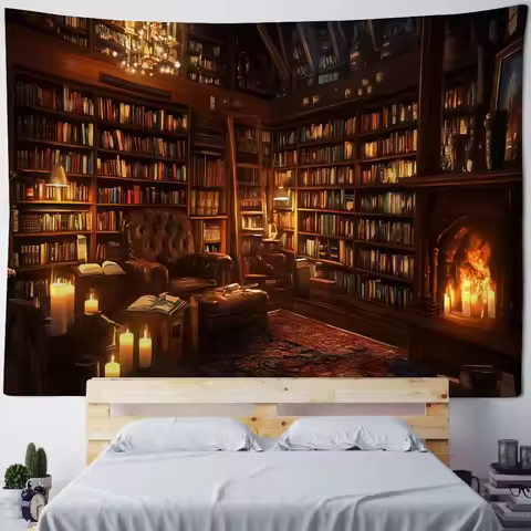 VIKAMA Magic Bookshelf Tapestry, Library, Living Room, Wall hanging, Decorative Aesthetics, Dormitor