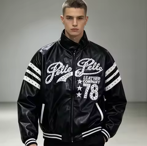 Black jacket with rhinestone letter print Pelle 78 baseball jacket, striped streetwear, oversized st