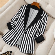 Áo khoác Blazer nữ cổ bẻ kẻ sọc khối màu túi nút thời trang thu đông