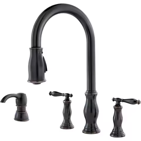 Pfister Hanover Kitchen Faucet with Pull-Out Spray and Soap Dispenser, Dual Handle, 4-Hole, High Arc