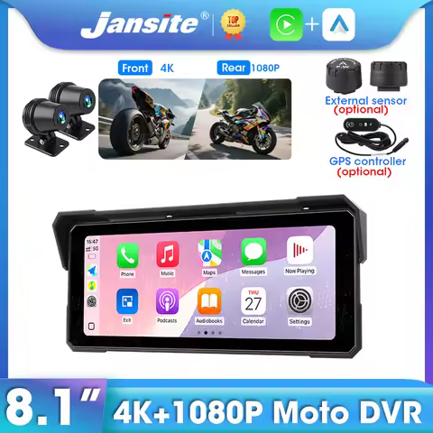 Jansite 8.1" Motorcycle Carplay GPS Navigator 4K+1080P Dual Lens Wireless Carplay Android Auto Moto 