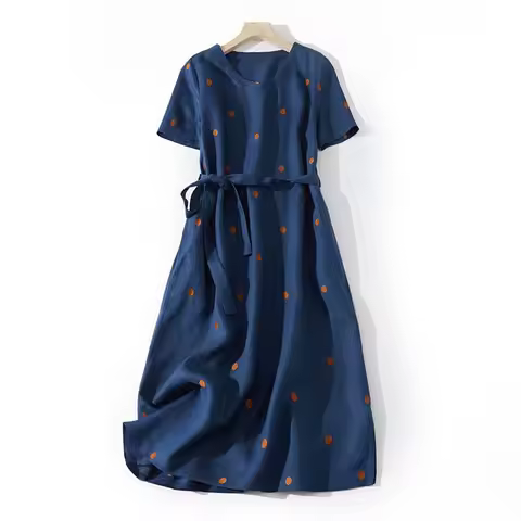 2024 New Linen Vintage Print Polka Dot Dress Women Summer Short Sleeve Cotton Loose Casual Midi Dres