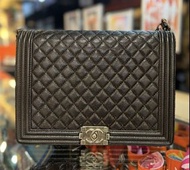 90%新 Chanel Boy 30cm 黑色荔枝皮雙鍊上膊斜咩袋
