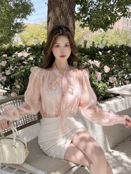 DAZY 女性優雅漸層印花系帶腰長袖襯衫，適用於春夏