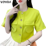 VONDA Women Korean Short Sleeves With Buttons Round Neck Pockets Blazer