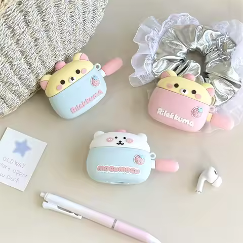 For Apple AirPods 1 2 3 4 Pro 2 Case 3D Cute Cartoon Rilakkuma Bear Nagano Silicone Earphone Protect