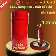 Băng keo 2 mặt xốp đỏ rộng 1.2cm dài 6 mét 1 cây 20 cuộn độ dầy 1mm lõi giấy 3mm