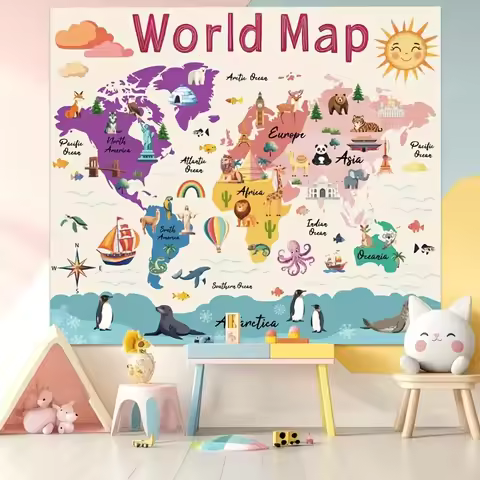 VIKAMA World Map Puzzle Educational Animal Landmark Pattern Tapestry Ideal For Classroom And Bedroom