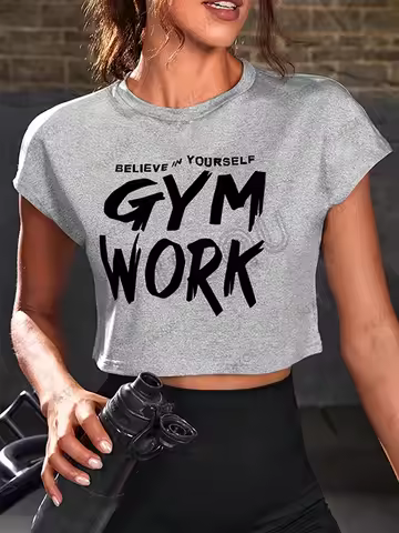 2025 New Arriavl Fitness Crop Top Summer Short Sleeve O-Neck T-shirt For Women Gym Work Printed Spor