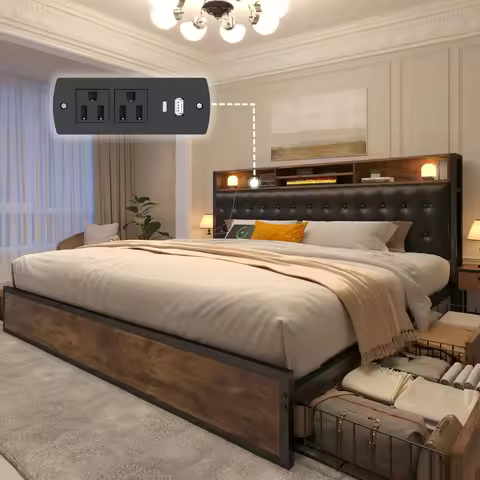 King Size Bed Frame with 4 Storage Drawers King Bed Frame and Headboard UpholsteredKing Size Bed Fra