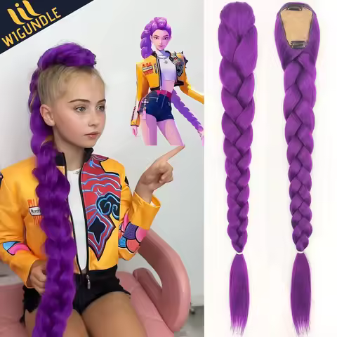 RUMI COS Purple Hair Braids Pony-tail Synthetic Braids Hairstyle Long Ponytail with Clips for Kids G