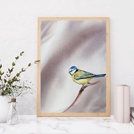 Tomtit bird. Home decor. Watercolor painting on paper. Animal art