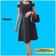 Midi Dress Sabrina Wanita Kekinian Baju Gaun Pesta Korea Casual Hitam