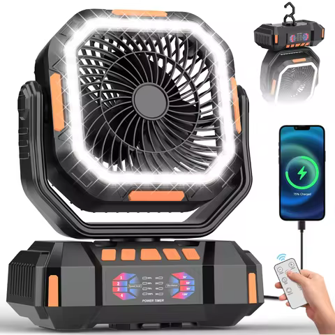 40000 mAh camping fan, rechargeable fan, equipped with remote control and LED light, four speeds, an