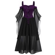 Halloween Cosplay Costume Gothic Vintage Dress Bat Long Sleeve Lace Up Dresses Medieval Ghost Bride
