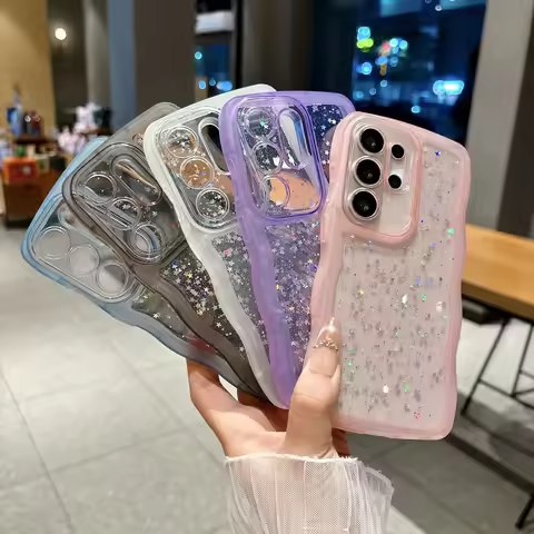 Glitter Sequins Wavy Clear Case For Samsung S26 S25 S24 S23 S22 S21 Ultra Plus FE A57 A37 A55 A56 A3