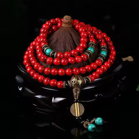 Original 108 Red Turquoise Mala Beads - Ethnic Style Women's Bracelet, Loose Bead Prayer Jewelry