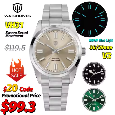 Watchdives WD1016 V3 VH31 Quartz Watch 36MM Multicolored Dial Sapphire K1 Bubble Mirror 100M Waterpr