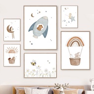 Boho Space Rocket Bear Rabbit Hedgehog Bee Flowers Nursery Posters Wall Art Print Canvas Painting Baby Kids Room Home Decoration