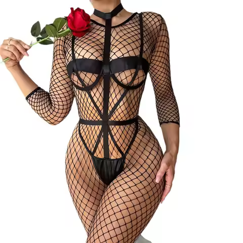 Long Sleeve Fishnet Crotchless Bodysuit Open Cup Harness Sheer Mesh Full Body Stocking Lingerie Cats
