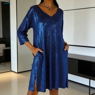 [CHA] Loose Fit Dress Women Sequin Dress Women’s Sequin Mini Dress with Pockets Glitter 3/4 Sleeve V
