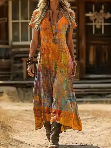 Summer Boho Floral Print V-Neck Short Sleeve Maxi Dress Loose Fit Slimming Ethnic Style Vacation Dre
