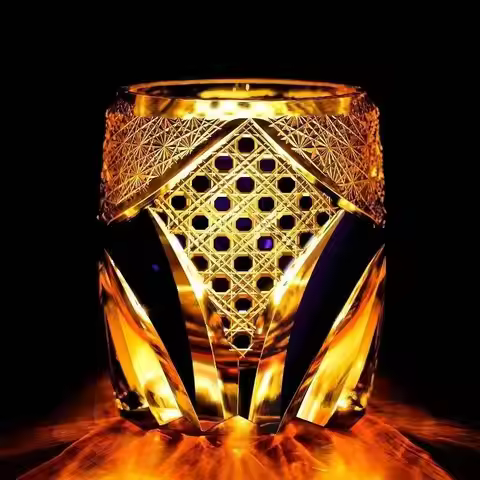 Japan Black Warrior Armor Edo Kiriko Whiskey Glass Hand Engraved Amber Crystal Brandy XO Rock Wine S