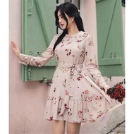 Sweet Pink Flowers Dress เดรสลายดอกสีชมพูหวานละมุนใส่ออกงานได้ พร้อมส่ง