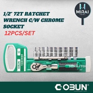 OBUN Kunci Ratchet 1/2" 72T dengan Soket 12pcs/Set | 1/2" 72T Ratchet Wrench come with Chrome Socket
