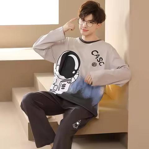 Cartoon Pajamas Men's Cotton Long-sleeved Spring and Autumn Men's Teen Homewear 2-Piece Pajamas Set 