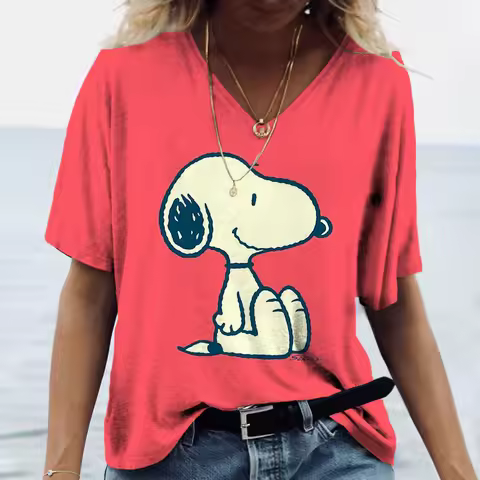 Women's V-neck Short Sleeve T-Shirt Snoopy cartoon print T-Shirt Fashion Short Sleeve T-Shirt Summer