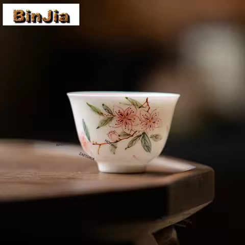 BAEJORIA 50ml Hand Drawn Peach Blossom Thin Tire Teacup Traditional Tea Bowl Teacup Fragrance Cup Ji