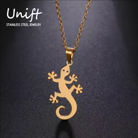 Unift Lucky Lizard Gecko Necklace for Women Stainless Steel Chain Necklace Fashion Wildlife Reptile 