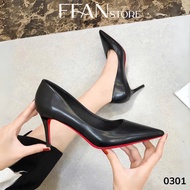 Giày cao gót nữ mũi nhọn gót nhọn [da thật] 0301D đế đỏ FFAN STORE 7 9 phân bít mũi màu đen big size