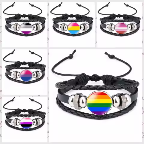Fashion Jewelry Leather Ornament Bracelet Simple Rainbow Flag Lesbian Glass Pendant Bracelet LGBT