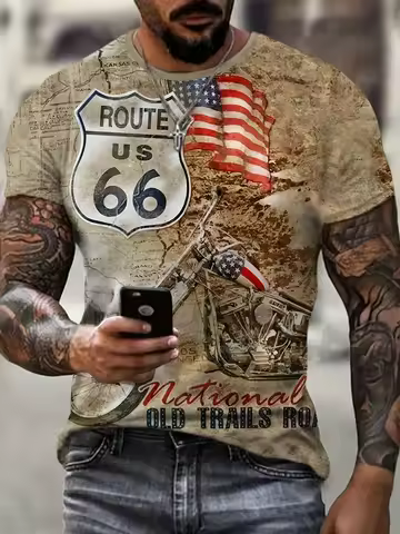Vintage 66 Route T-Shirt for Men 3D Printed Biker Motor Men's T Shirts Oversized T Shirt Route 66 Ra