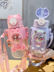 1PC 600ml/20.29oz Cartoon Plastic Water Bottle, Cute Straw Cup With Strap, Portable Water Bottle For